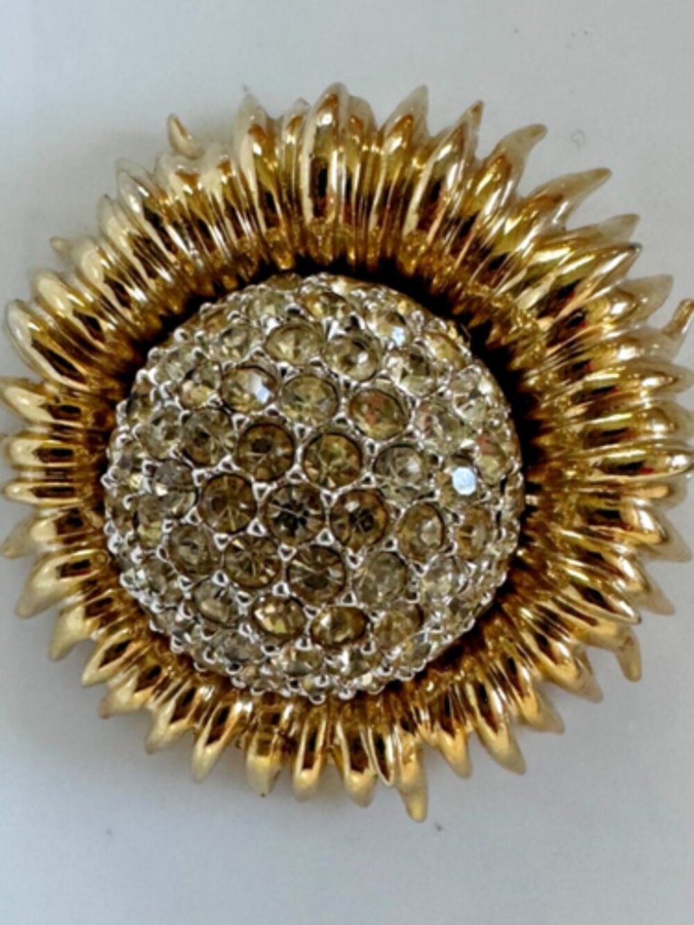 Vintage Signed Ledo Polcini Rhinestone Domed Mum Flower Gold Tone Brooch